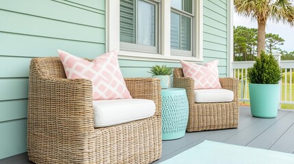 Coastal patio with wicker chairs and pastel accents