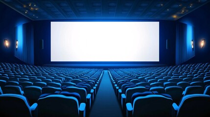 A spacious, modern cinema auditorium with empty blue seats and a large blank screen, ready for an exciting film experience.
