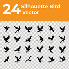 A premium set of 24 bird silhouette vector illustrations featuring various bird poses and species in black design, perfect for graphic designers, art projects, and digital use, isolated on an editable