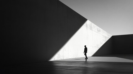 Silhouette of person walking in sunlit, minimalist concrete structure.