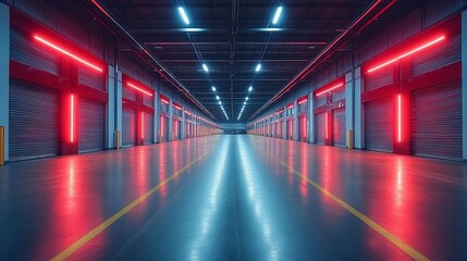 Neon Nightscape: Red and Blue Illumination in a Modern Parking Garage