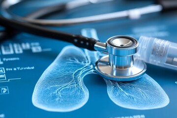 Stethoscope examining lungs radiography in medical office: healthcare and respiratory disease concept