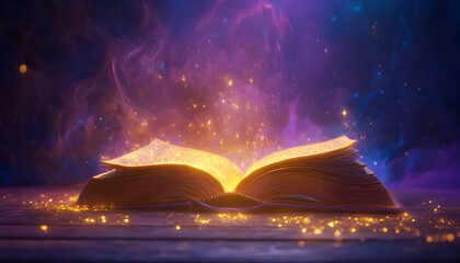 Magic Book With Open Antique Pages And Abstract Bokeh Lights Glowing In Dark Background - Literature And Education Concept