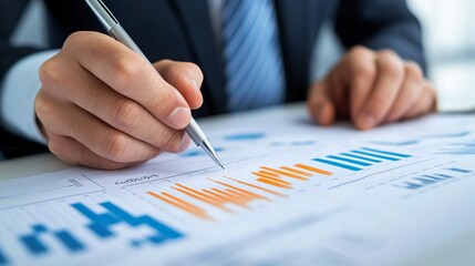 A business professional analyzing data charts with a pen, showcasing focus and attention to detail.