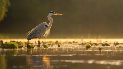 Naklejka premium Grey heron wading in golden sunrise light, reflecting in calm water among lily pads.