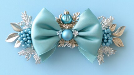 Naklejka premium Light blue satin bow with silver accents and Christmas ornaments on a light blue background.
