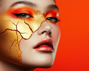 Portrait of a person in kintsugi style representing the healing process and embracement of our flaws. Woman with golden makeup and red eyeshadow, featuring cracked gold leaf patterns on her face.