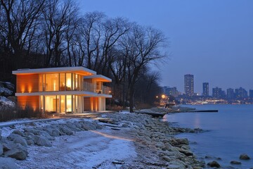 Modern Lakeside Cabin at Twilight with City Skyline