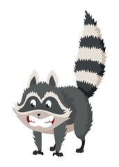 Cartoon raccoon character emotion. Funny wild coon pose, cute mammal. Vector design animal icon isolated on white background
