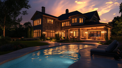 Twilight Luxury: A grand, two-story stone house with a pool in the backyard, illuminated by the warm glow of twilight. The scene is a picture of tranquility and opulence.