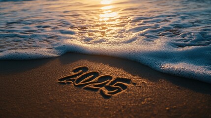 "2025" drawn in the sand on a beach, with gentle ocean waves in the background and a warm sunrise casting soft light over