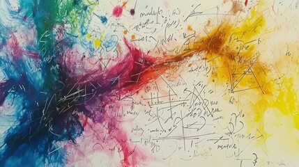 Fototapeta premium Abstract colorful painting with scribbles and text.