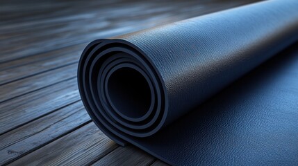 Rolled dark blue yoga mat on wooden floor.