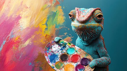 Chameleon artist showcasing vibrant colors on an abstract canvas with a palette in hand during a creative studio session. Generative AI