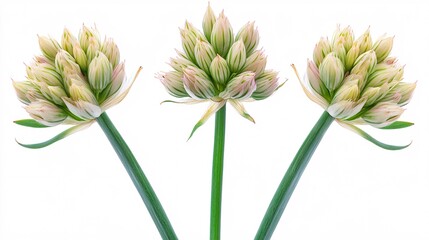 Fototapeta premium Three delicate onion flowers in varying stages of bloom, showcasing vibrant green stems and soft pastel hues.