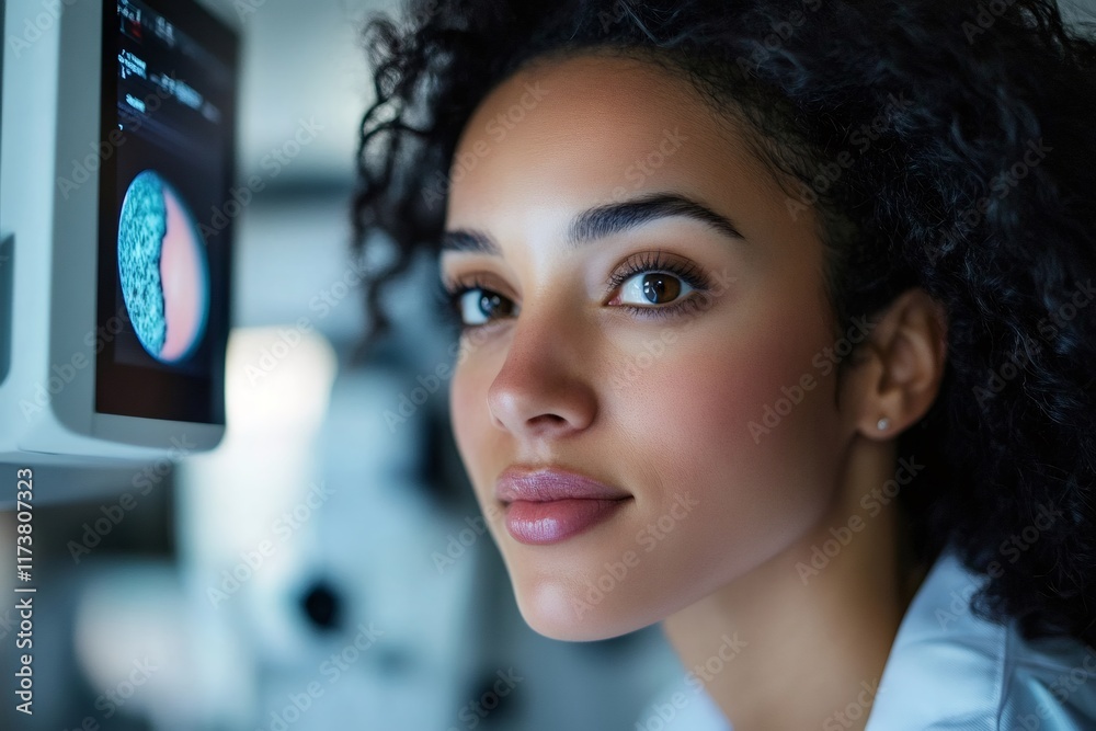 Aufkleber Scientist looking at results on computer screen in laboratory