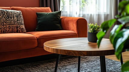 Fototapeta premium interior featuring a minimal living room with a wooden table.