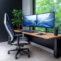 Fototapeta premium A modern workspace featuring dual monitors, an ergonomic chair, and a natural view through large windows, promoting productivity and comfort.