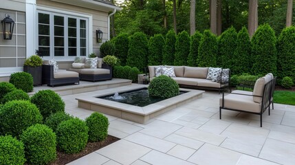 Naklejka premium Elegant patio with high-end finishes, a water feature, and luxurious seating