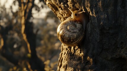 Snail climbing a tree trunk at sunset.
