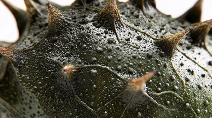 Obraz premium Close-up of a green spiky fruit highlighting its unique textures and moisture droplets.