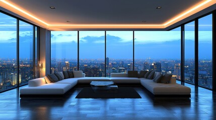 Fototapeta premium Modern Apartment Living Room with City Night View