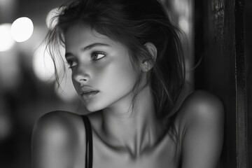 Black and white portrait of a young girl with long hair in dramatic lighting