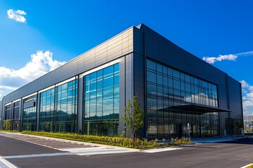 Fototapeta premium Modern corporate office building with large glass windows under a clear sky
