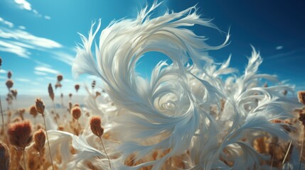 Naklejka premium Whimsical Dance of White Feathers Under a Vibrant Blue Sky
