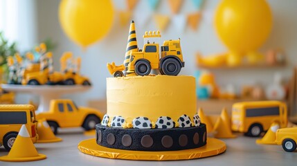 Celebrate a joyful construction-themed birthday party with a vibrant and playful cake design featuring yellow trucks. Generative AI