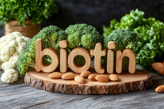 Biotin supplement promoting healthy hair and skin with broccoli, almonds and cauliflower