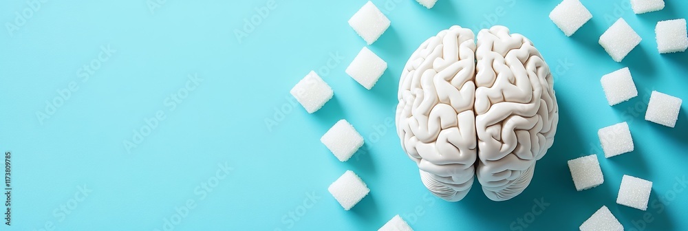 Poster White brain model on blue with sugar cubes, showing sugar's effect on brain health and promoting a low sugar diet for better brain function