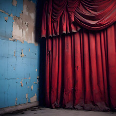  An old, weathered red theater curtain hangs against a cracked, faded blue wall, creating a scene of long-abandoned desolation