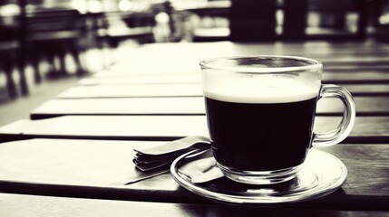 Fototapeta premium Glass of coffee on outdoor cafe table.