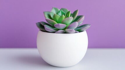 Obraz premium Green succulent in a white pot against a purple background.