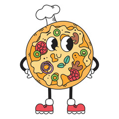 Groovy retro character pizza. Junk food, fast food. Vector isolated illustration