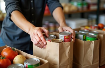 Person packing food donations into paper bags at food bank. Volunteer putting canned goods, fresh produce into brown paper bags. Food bank giving out aid for people need. Community support,