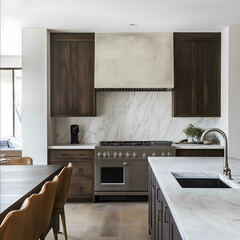 beautiful midsize kitchen with basic dark wood cabinets modern plaster range hood and marble counters in an open floor plan with a small dining room to the left