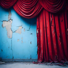  An old, weathered red theater curtain hangs against a cracked, faded blue wall, creating a scene of long-abandoned desolation