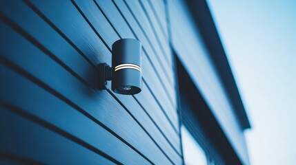 Modern exterior wall lamp on dark blue siding.