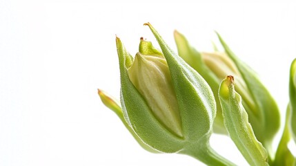 Obraz premium Close-up of delicate green flower buds against a bright white background, showcasing nature's beauty.
