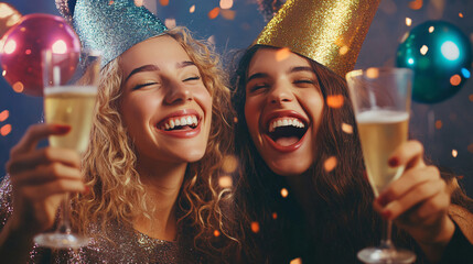 Two Women Toasting with Champagne at a Vibrant New Year's and Birthday Celebration, Wearing Party Hats Amid Glittering Lights and Colourful Confetti, Radiating Joy and Festive Cheer. Generative AI.