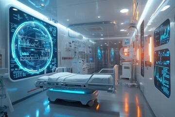 Obraz premium Futuristic hospital room with advanced medical technology displaying patient data