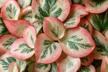 Fototapeta premium Top view of vibrant green and pink tropical leaves