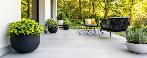 Modern concrete patio with sleek black furniture and potted greenery