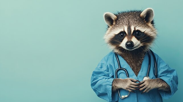 raccoon therapist in a doctor's costume. on a plain colored background. banner with copy space.