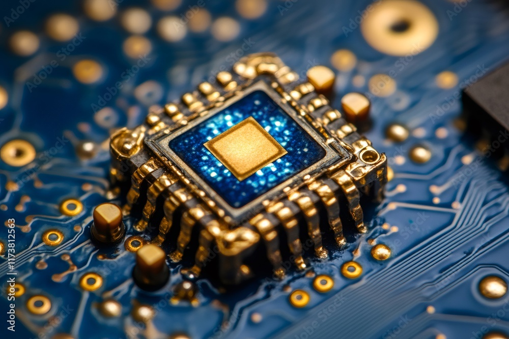 Fototapete Close-up of microchip cpu showing computing power and technology