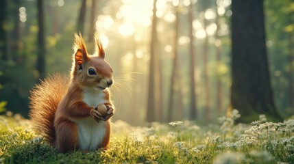 Squirrel gathers acorns in a sunlit forest during a serene autumn afternoon. Generative AI
