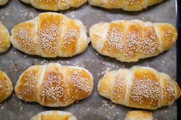 Top view of homemade mini croissants close up