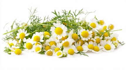 A vibrant arrangement of chamomile flowers with delicate white petals and bright yellow centers, evoking a fresh, natural feel.